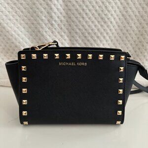 Michael Kors SELMA Studded Black Leather Gold Hardware Shoulder Crossbody
